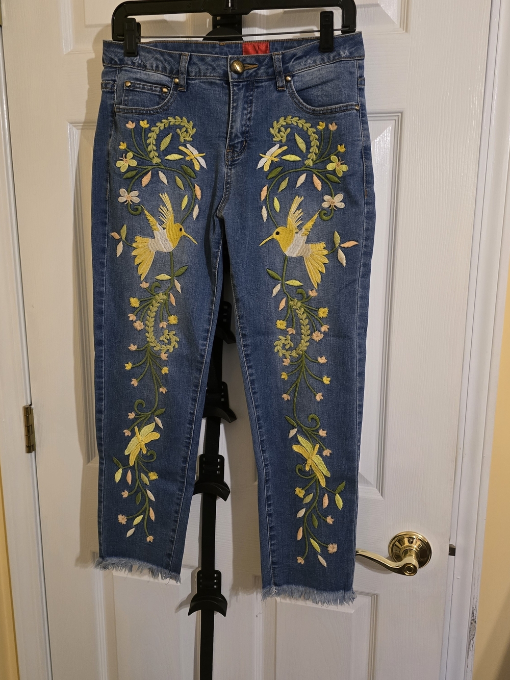 V Cristina Blue Denim Cropped Jeans with Yellow & Green Embroidery